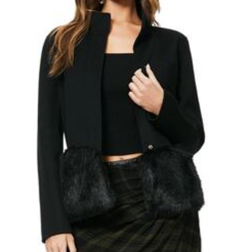 Ramy Brook Dress Coat Addison Wool Black Jacket Faux Fur Size Medium Flawless